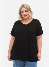 A-linjeskuren t-shirt med korta ärmar, Black, Model
