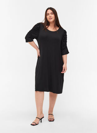 Viskosklänning med rynkade ärmar med 2/4-längd, Black, Model image number 3