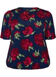 Blus i viskos med blommigt m&ouml;nster och ballongform, Bl&aring;