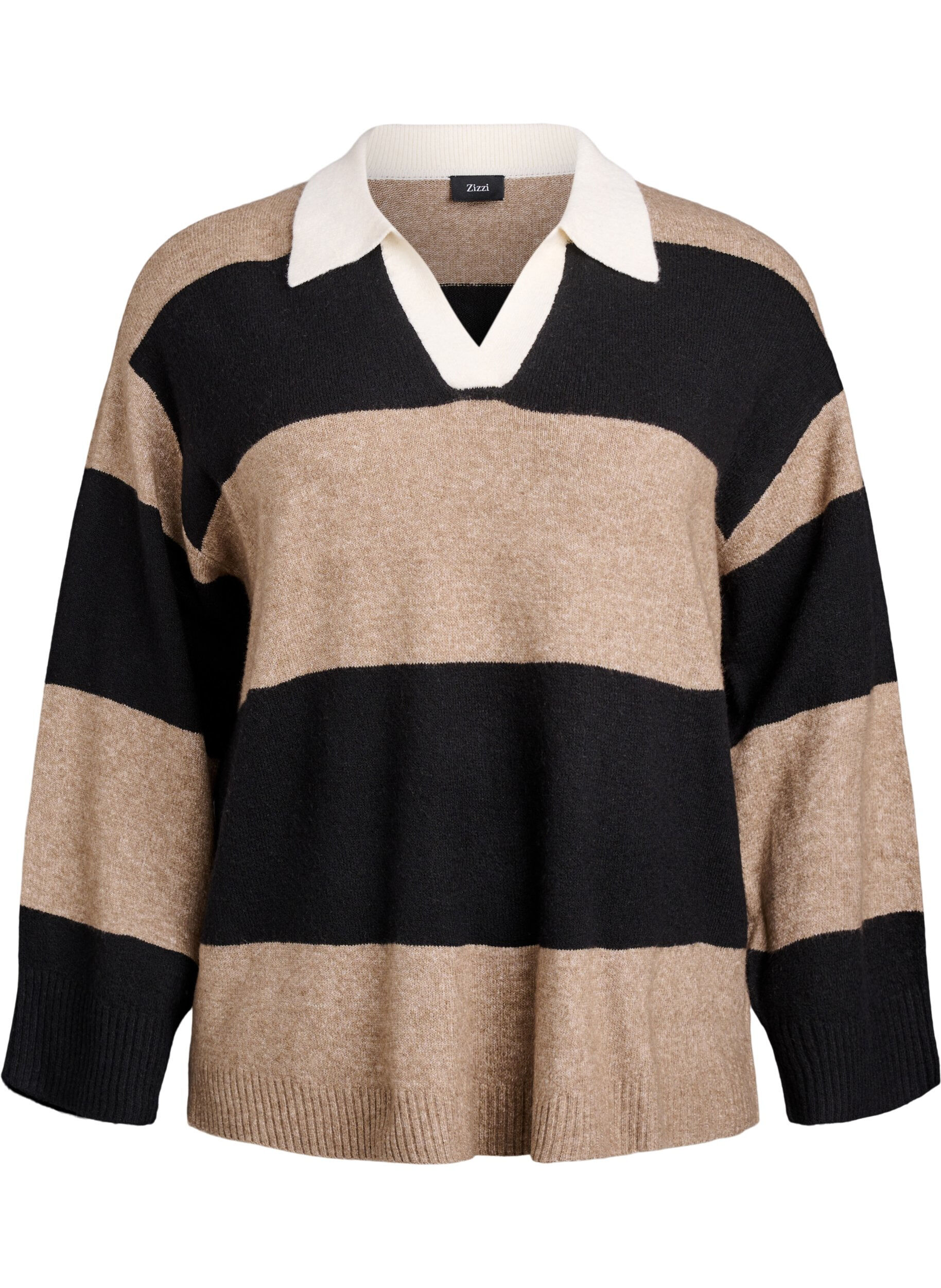 Zizzi Stickad blus med krage och v-ringning, Svart, Packshot image number 0