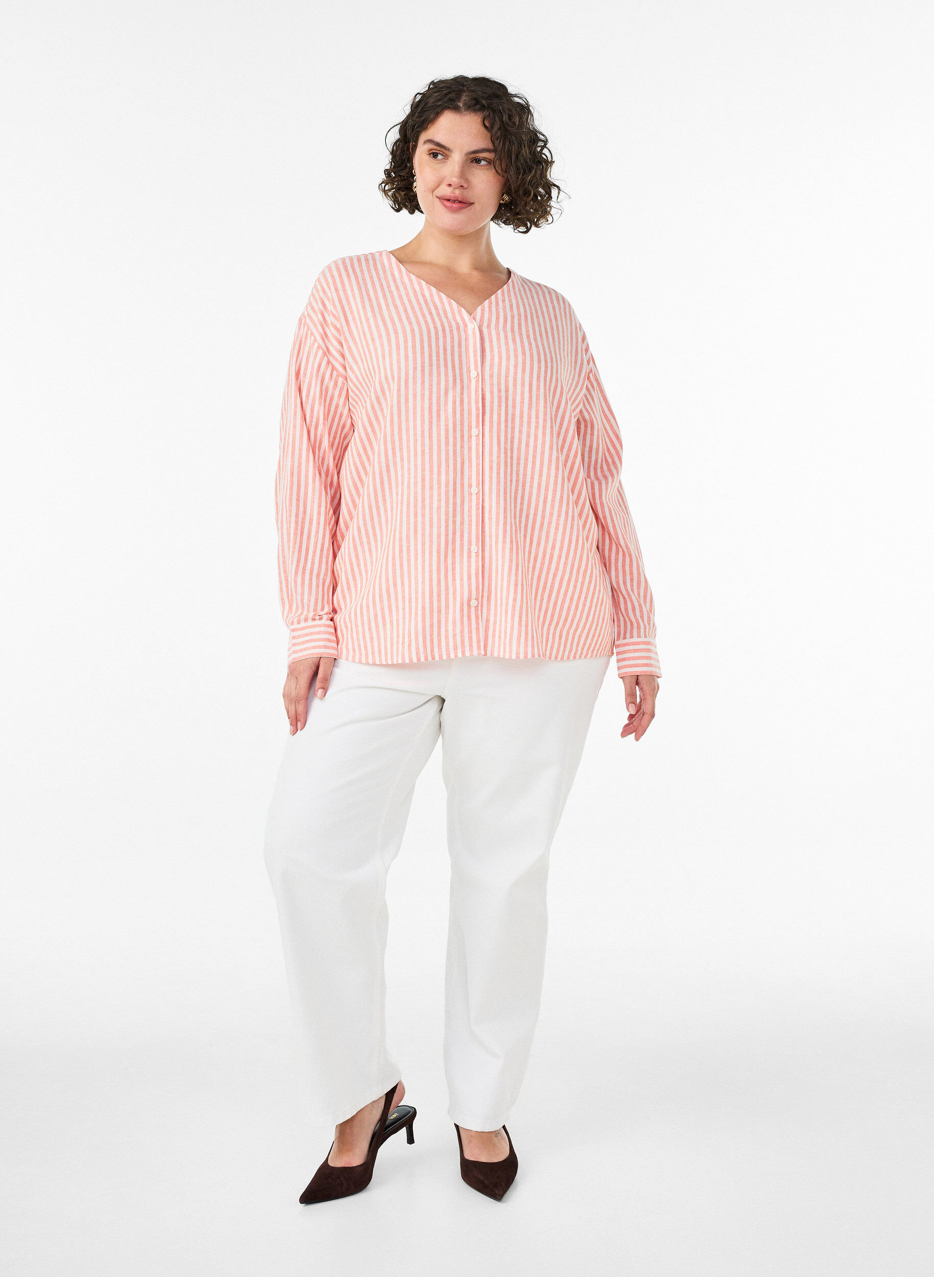 ZizziBlus i linne och viskos med v-ringning, Orange, Model image number 1