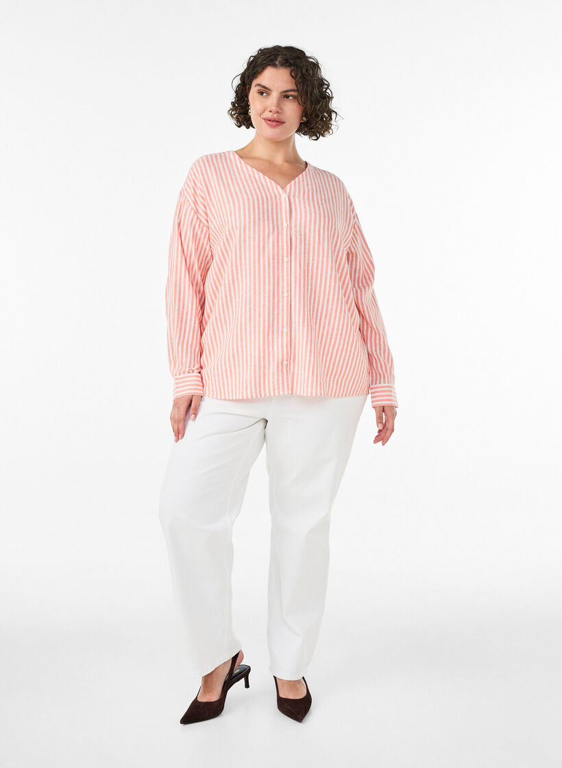 Blus i linne och viskos med v-ringning, Orange, Model image number 1