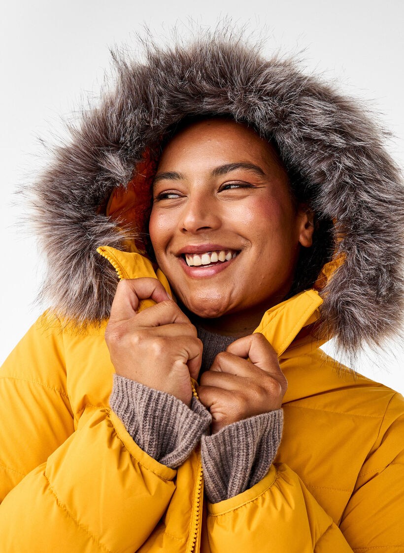 Kort pufferjacka med huva, Gul, Image image number 0