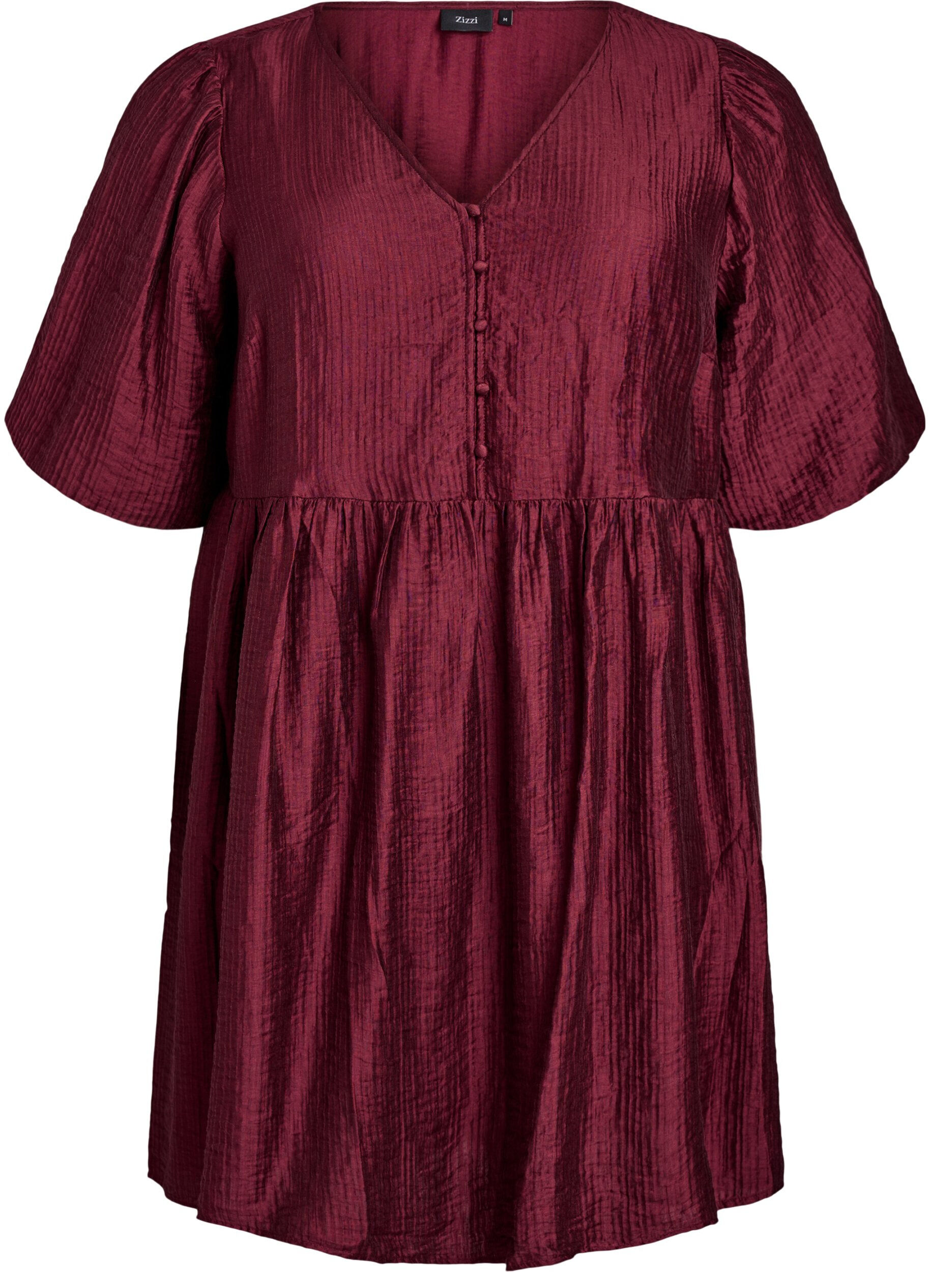 Zizzi Kort kl&auml;nning med textur och korta ballong&auml;rmar, R&ouml;d, Packshot image number 0