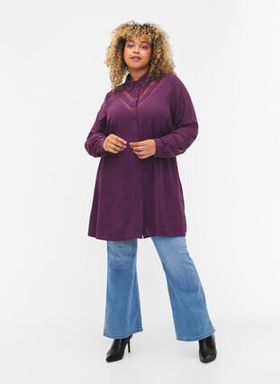 Långskjorta med spetsdetaljer, Deep Purple, Model image number 2