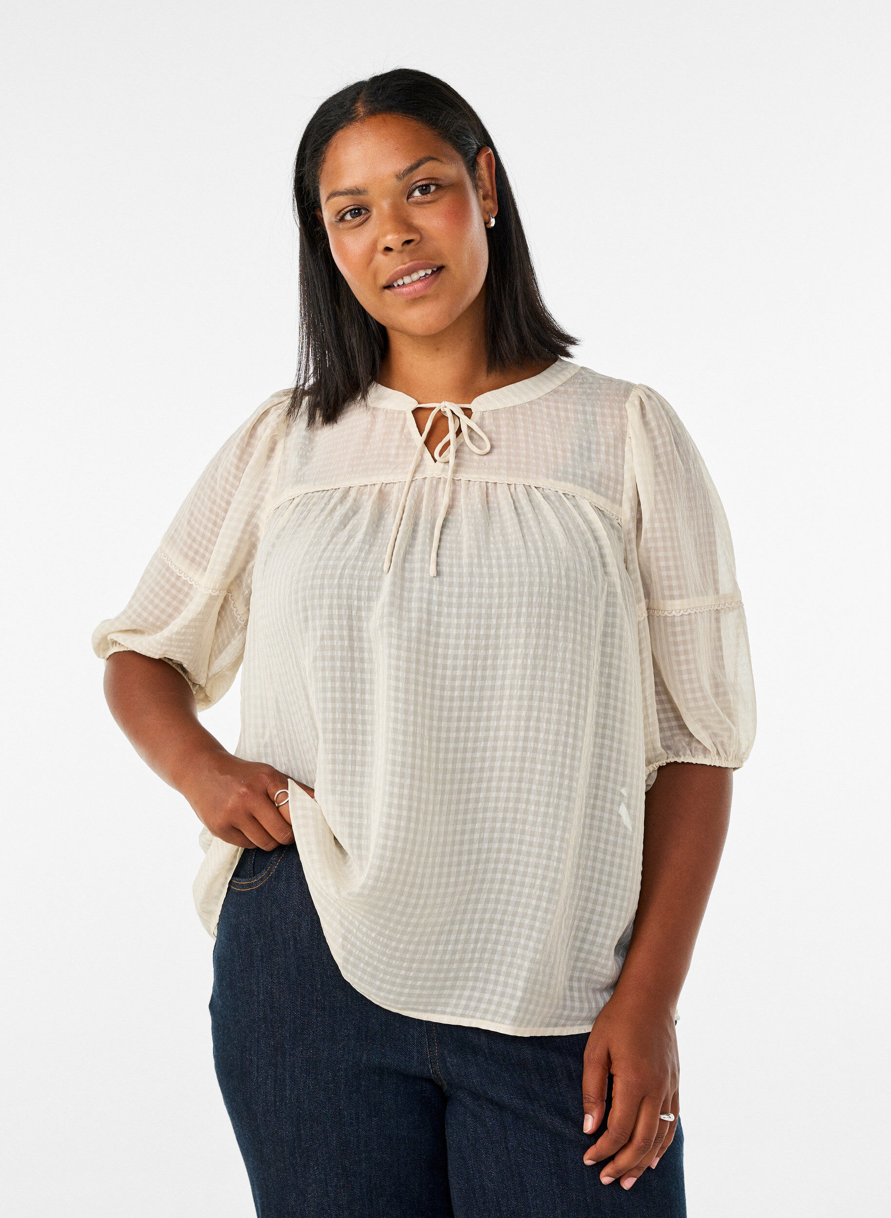 ZizziBlus i seersucker med knytband, Beige, Model image number 0