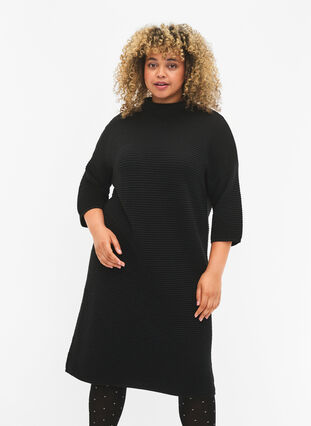 Stickad klänning med korta ärmar, Black, Model image number 0