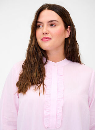 Randig bomullsskjorta med volanger, Pink Stripe, Model image number 2