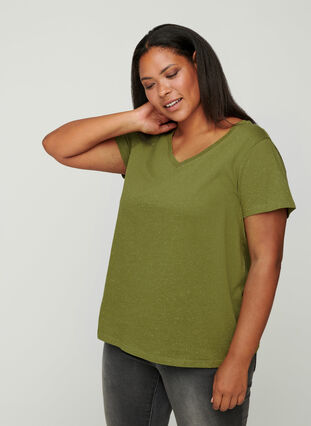 T-shirt med v-rigning, Green, Model image number 0