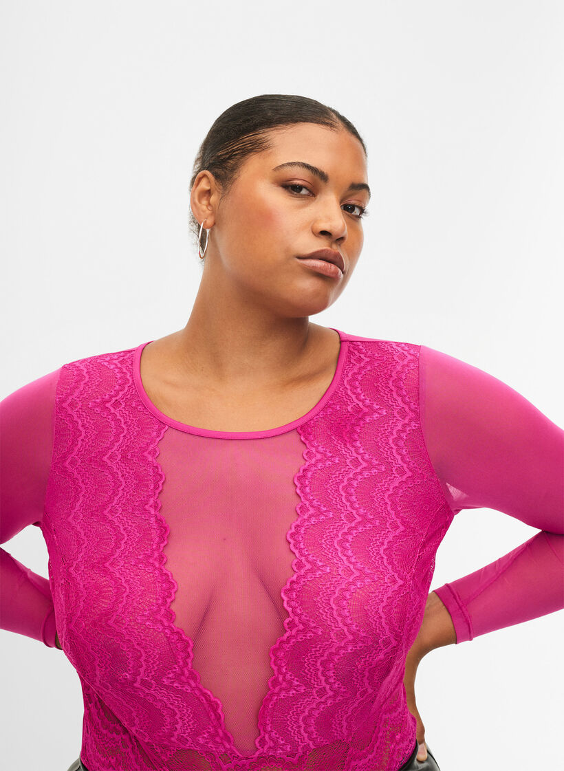 Kroppsstrumpa med spets och mesh, Fuchsia Red, Model image number 2