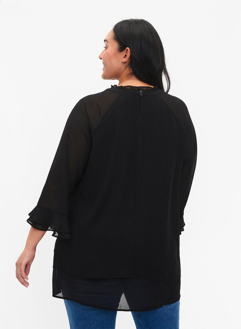 Blus med asymmetrisk fåll och 3/4-ärmar, Black, Model image number 1