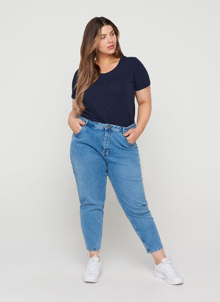 Croppade mom fit jeans med hög midja, Light blue denim, Model image number 0