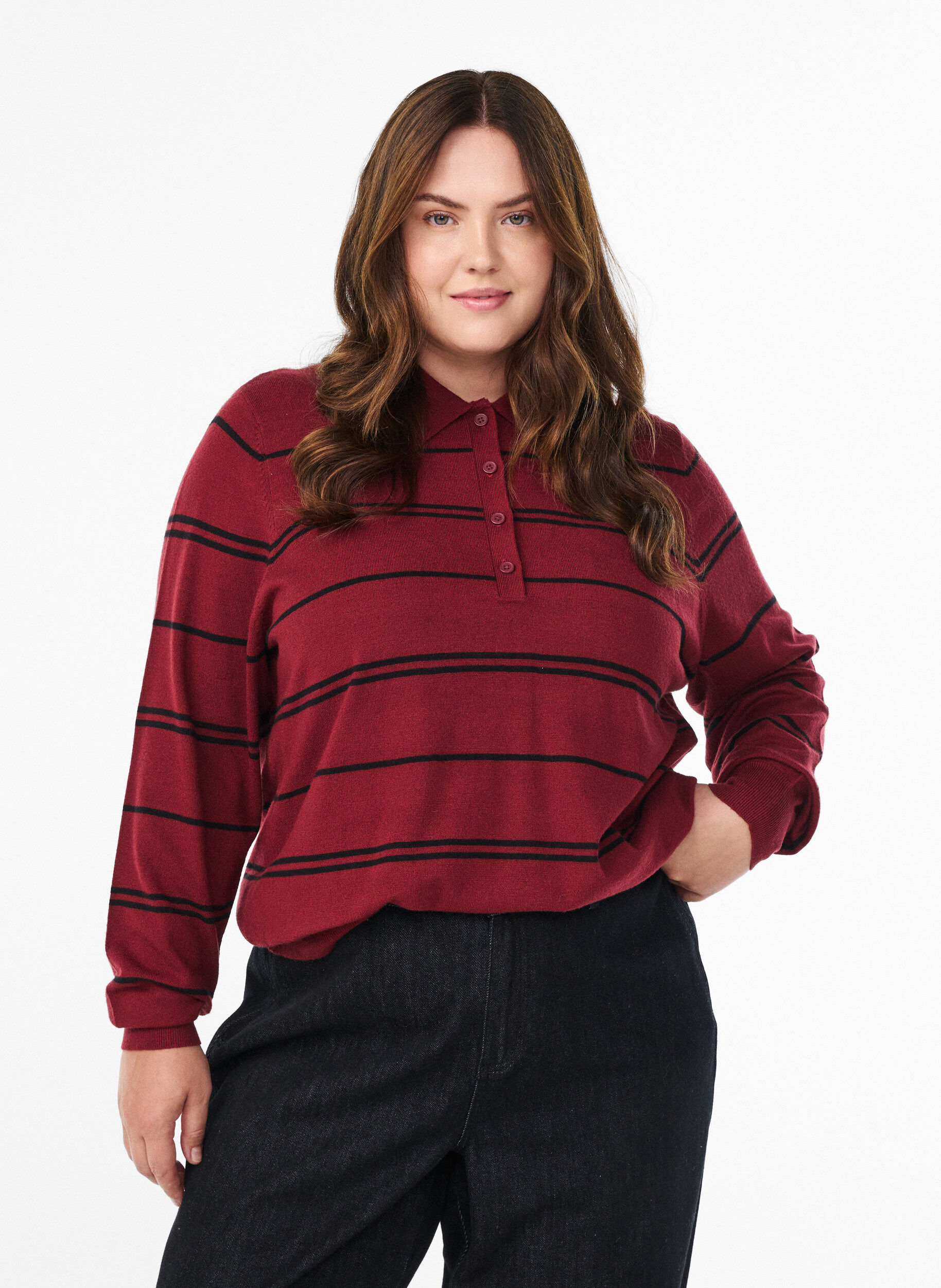 Stickad blus med krage, R&ouml;d, Model