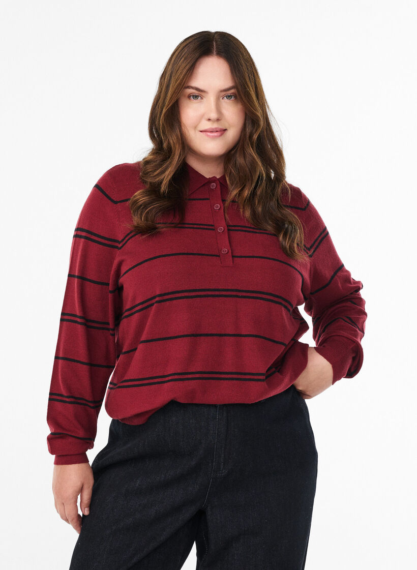 Stickad blus med krage, Röd, Model image number 0