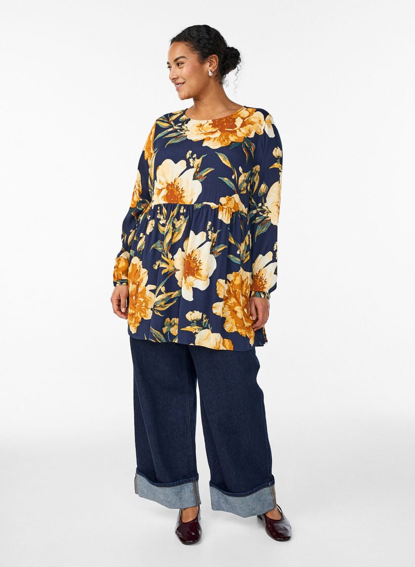 L&aring;ng&auml;rmad tunika med sk&auml;rning, Bl&aring;, Model image number 1