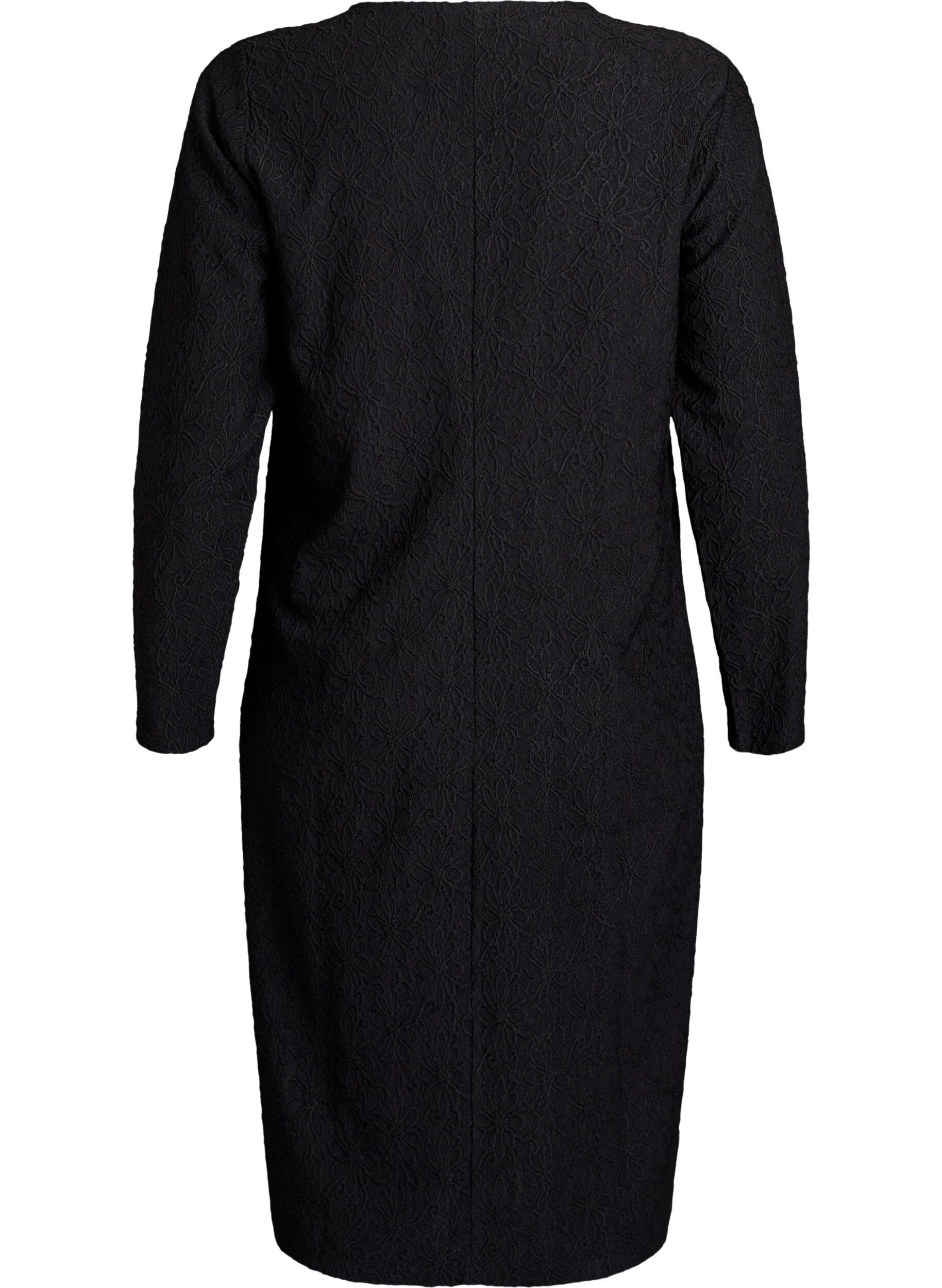 Zizzi Blommig texturerad kl&auml;nning med l&aring;nga &auml;rmar, Svart, Packshot image number 1