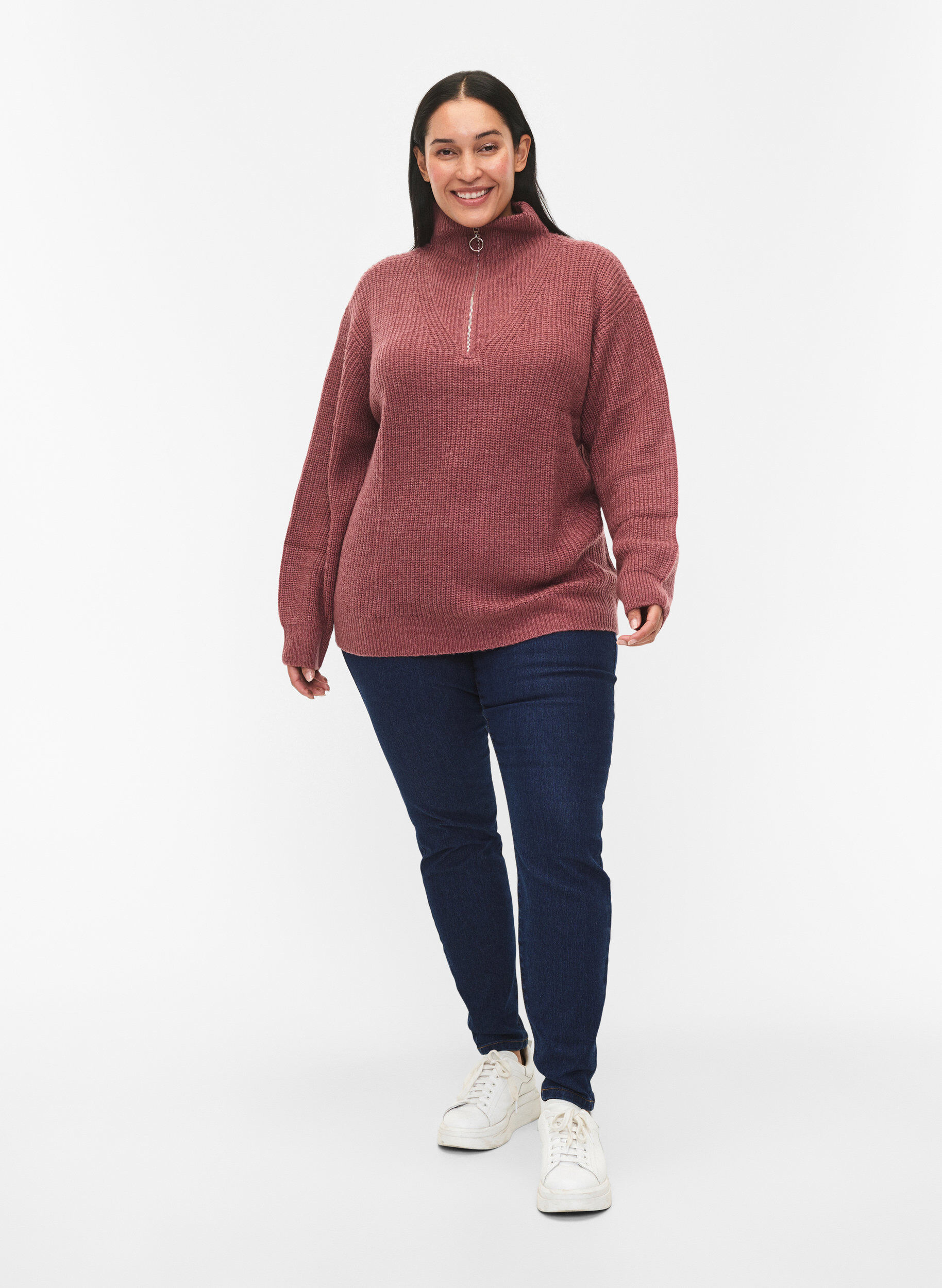 ZizziStickad tr&ouml;ja med h&ouml;g hals och dragkedja, Rosa, Model image number 1