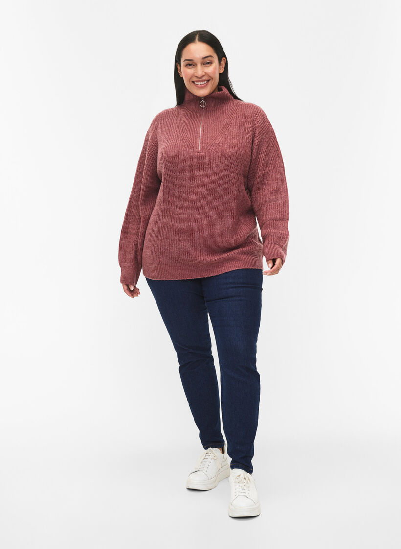 Stickad tr&ouml;ja med h&ouml;g hals och dragkedja, Rosa, Model image number 1