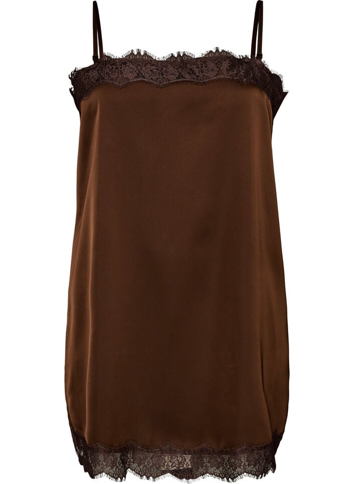 L&aring;ng topp i satin med spetskanter, Brun, Packshot image number 0