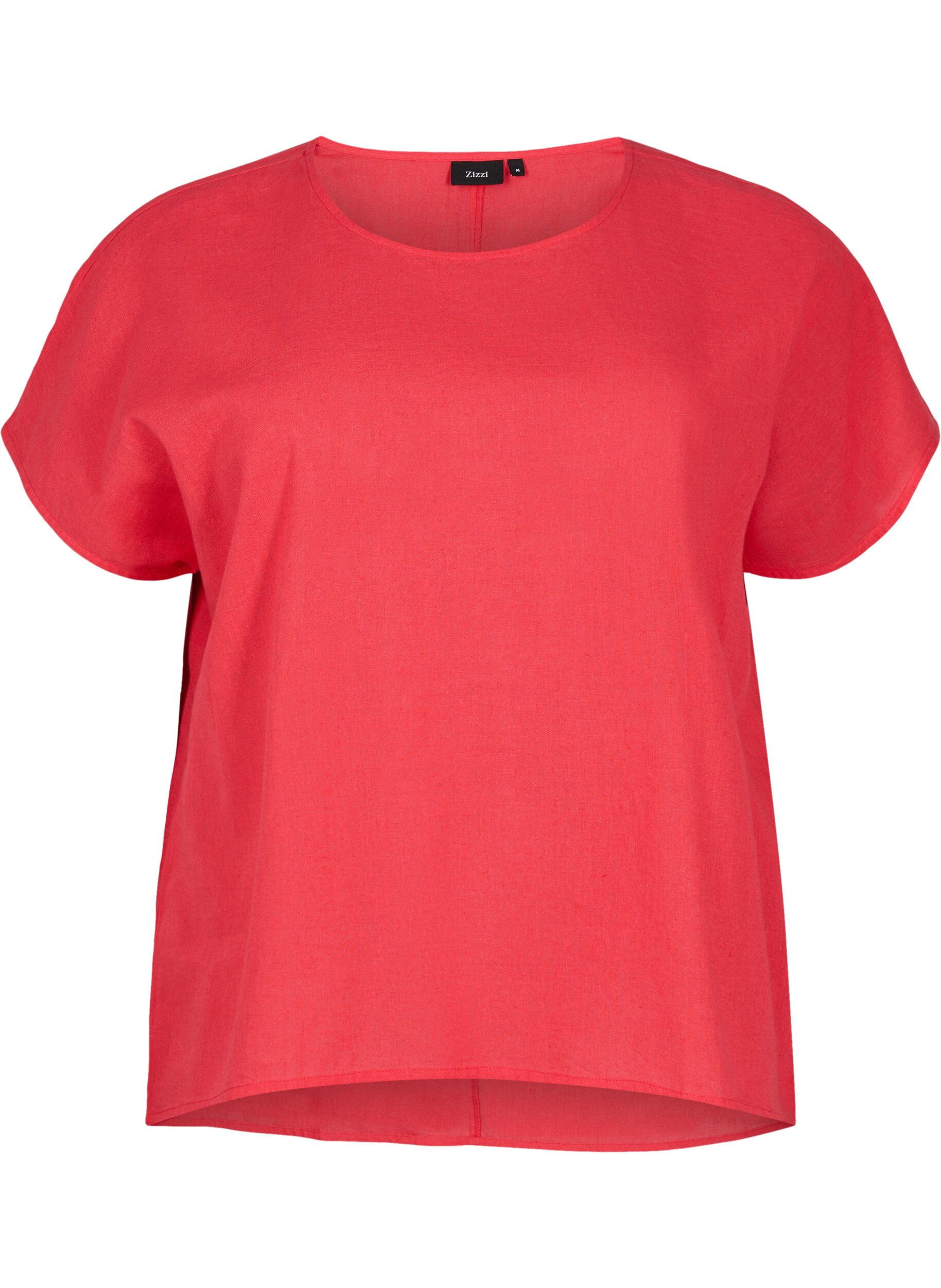 Zizzi Kort&auml;rmad blus i bomullsmix med linne, Hibiscus, Packshot image number 0