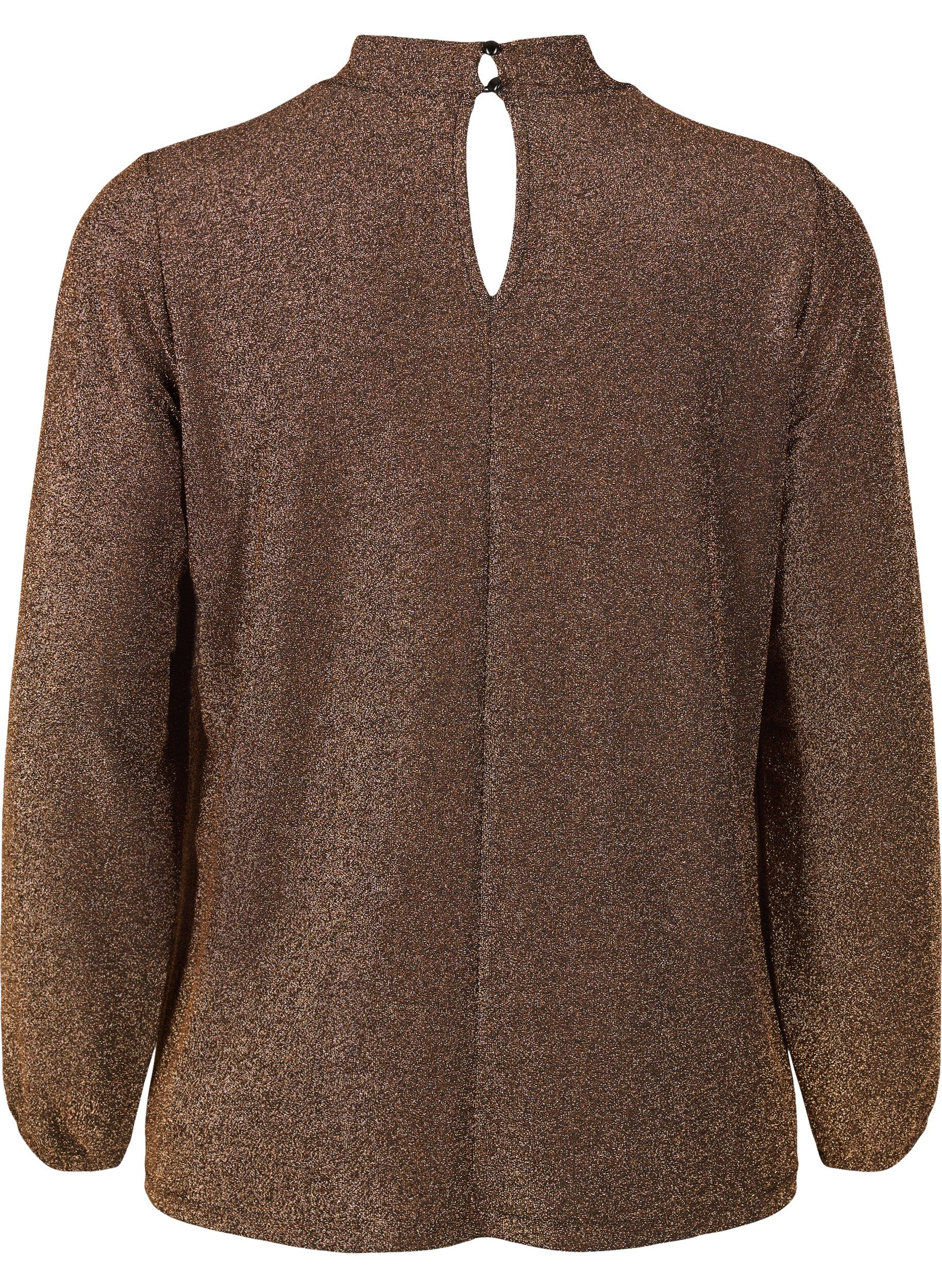ZizziL&aring;ng&auml;rmad blus i glitter med rund halsringning och V-detalj, Black Copper, Packshot image number 1