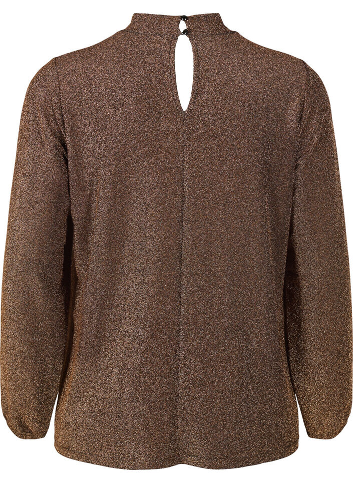 Långärmad blus i glitter med rund halsringning och V-detalj, Black Copper, Packshot image number 1