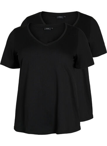 T-shirt i 2-pack med v-hals, Black / Black, Packshot image number 0