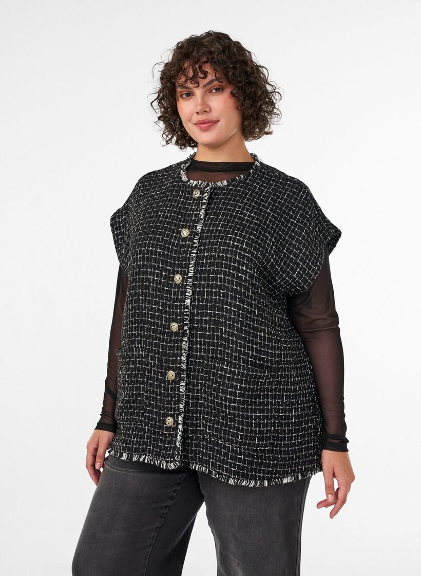 Rutig v&auml;st med dekorativa knappar, Svart, Model image number 0