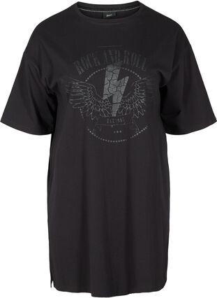 T-shirtklänning i bomull med mönster, Black w. Black, Packshot image number 0
