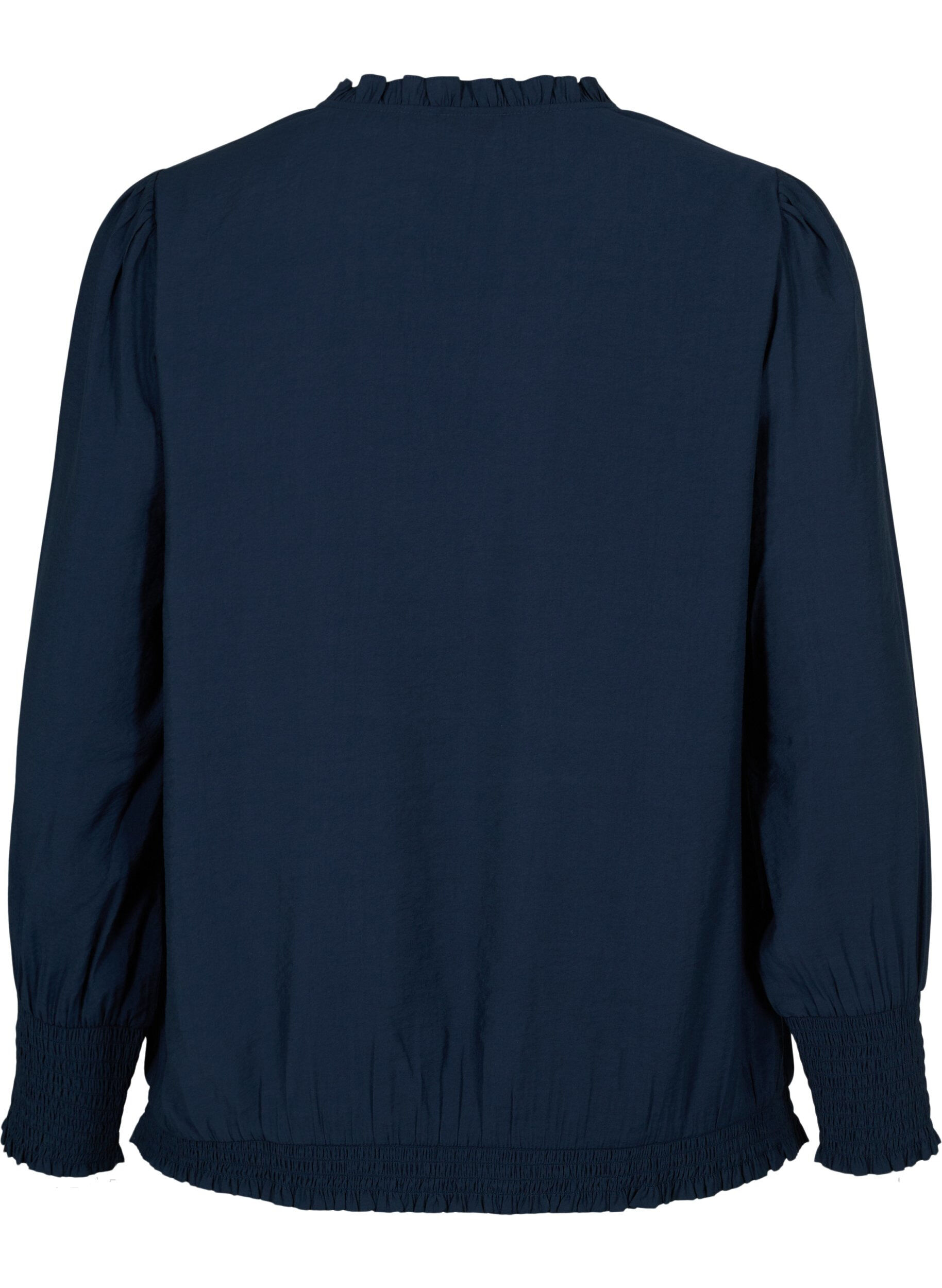 Zizzi Blus i viskos med l&aring;nga &auml;rmar och smock, Navy Blazer, Packshot image number 1