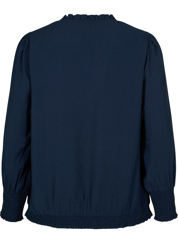 Blus i viskos med långa ärmar och smock, Navy Blazer, Packshot image number 1