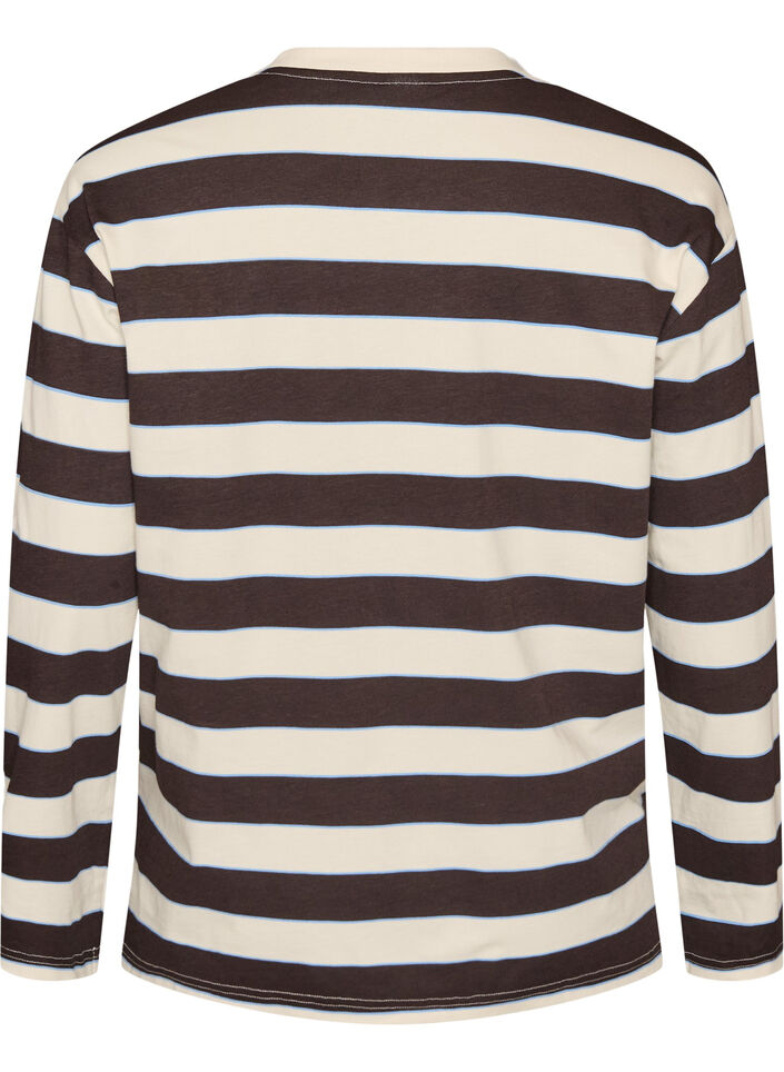 Randig blus i jersey med ett sportigt texttryck, Brun, Packshot image number 1