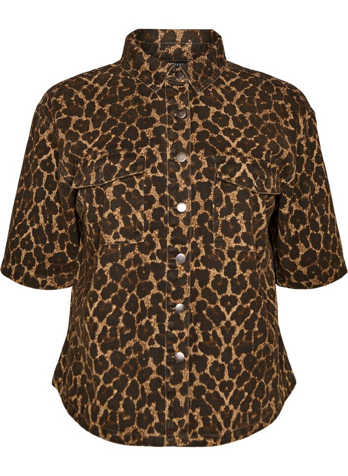 Denimskjorta med leopardm&ouml;nster och korta &auml;rmar, Brun, Packshot image number 0