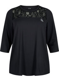 Tränings t-shirt med 3/4 ärmar och mönstrad mesh, Black