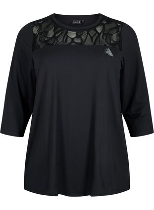 Tränings t-shirt med 3/4 ärmar och mönstrad mesh, Black, Packshot image number 0