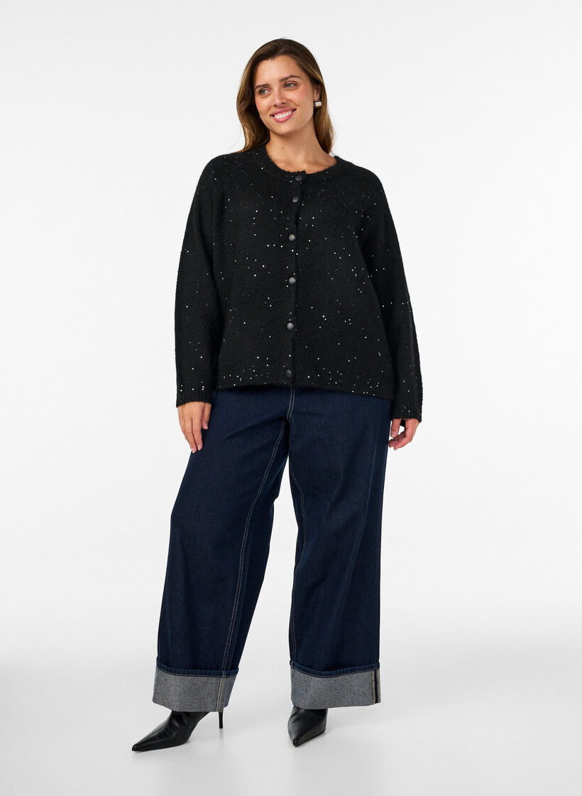 Cardigan med paljetter och knappar, Svart, Model image number 1