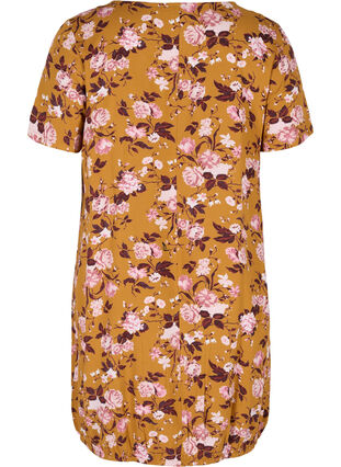 Kortärmad viskosklänning med mönster, Yellow Flower, Packshot image number 1