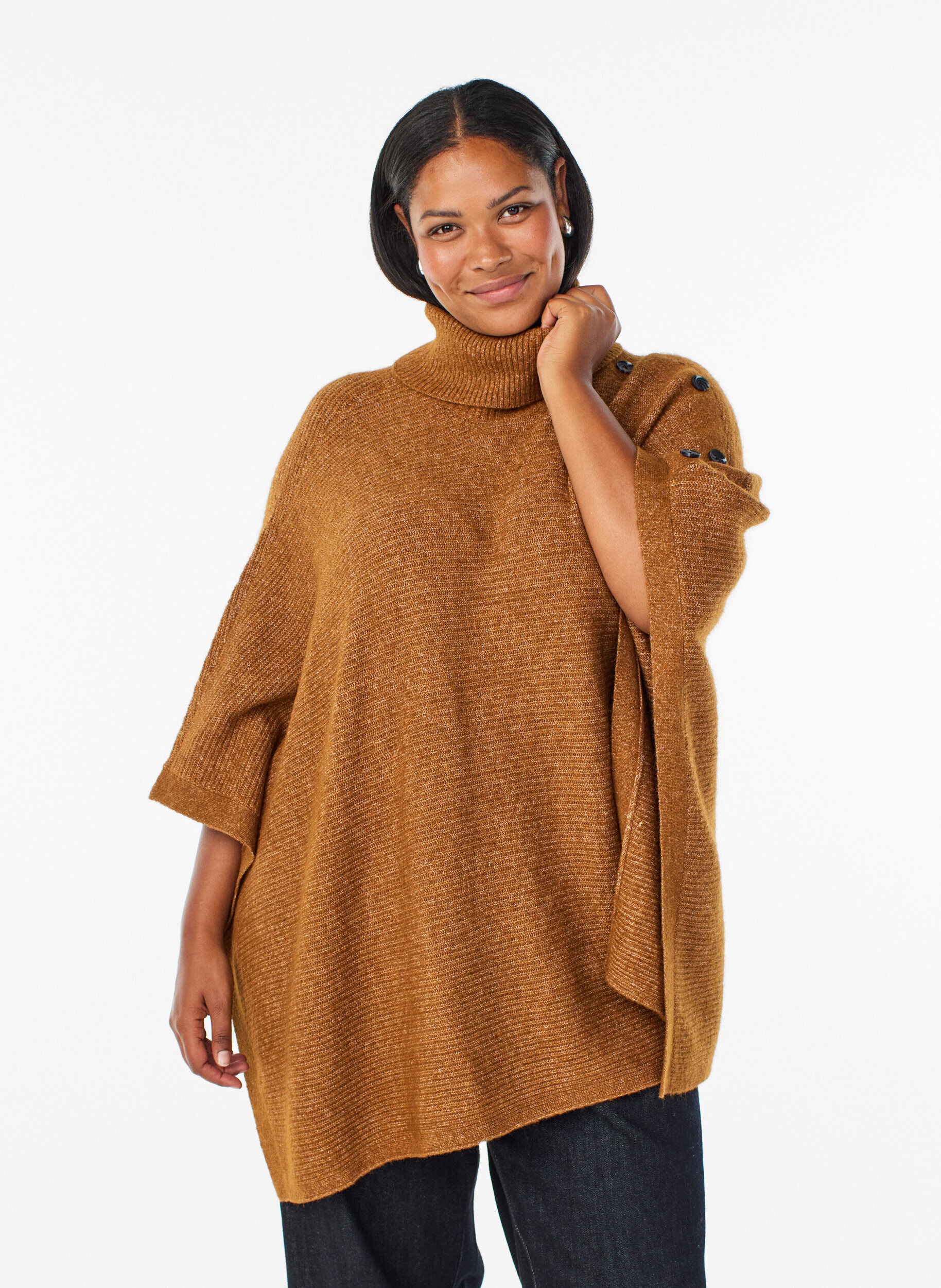 Poncho med polokrage och knappdetalj, Brun, Model