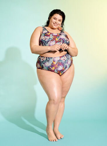 Bikinitrosa med hög midja och prickar, Deep Tropical Print, Image image number 0