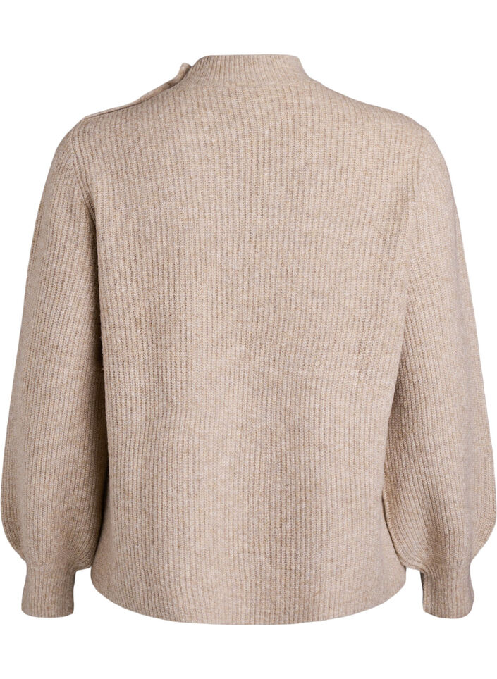 Ribbstickad tr&ouml;ja med puff&auml;rmar och knappar, Beige, Packshot image number 1