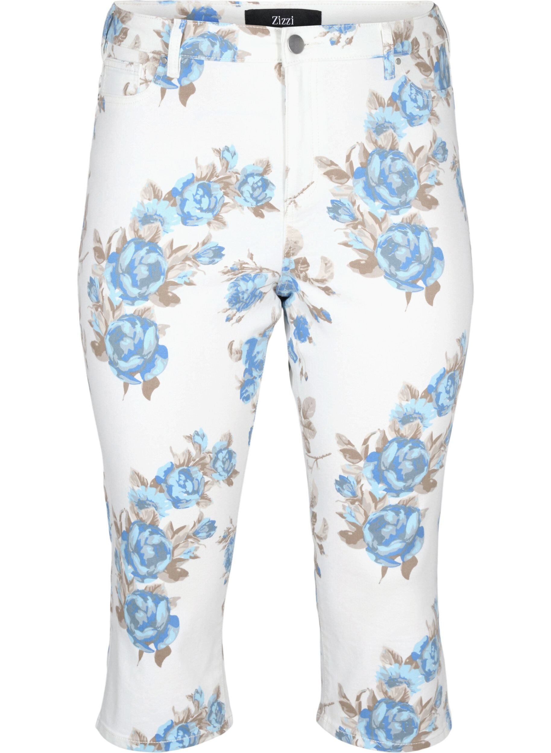 Zizzi Amy caprijeans med h&ouml;g midja och blomm&ouml;nster, White B.AOP, Packshot image number 0