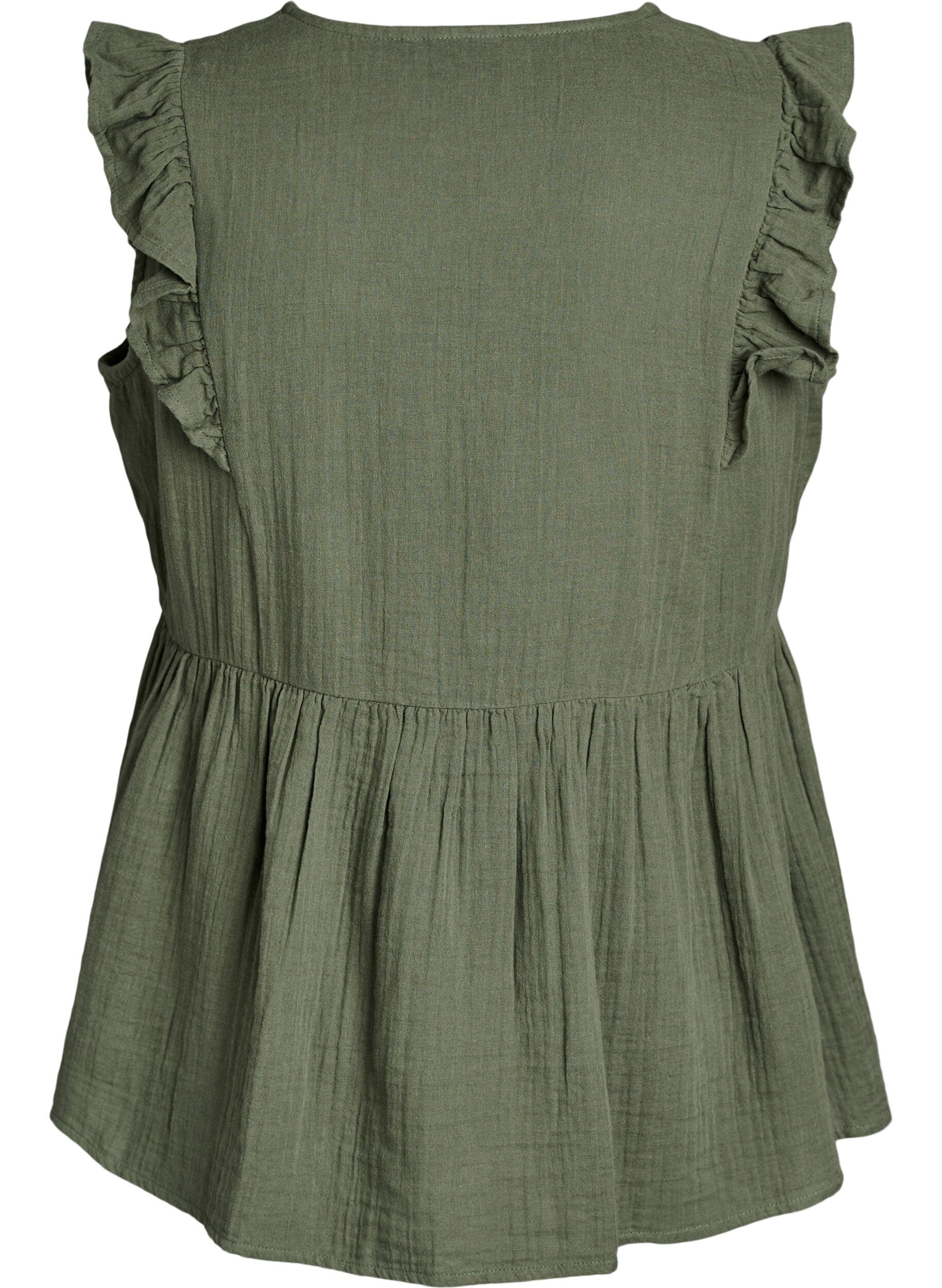 Zizzi&Auml;rml&ouml;s blus i bomullsmuslin med volanger, Gr&ouml;n, Packshot image number 1