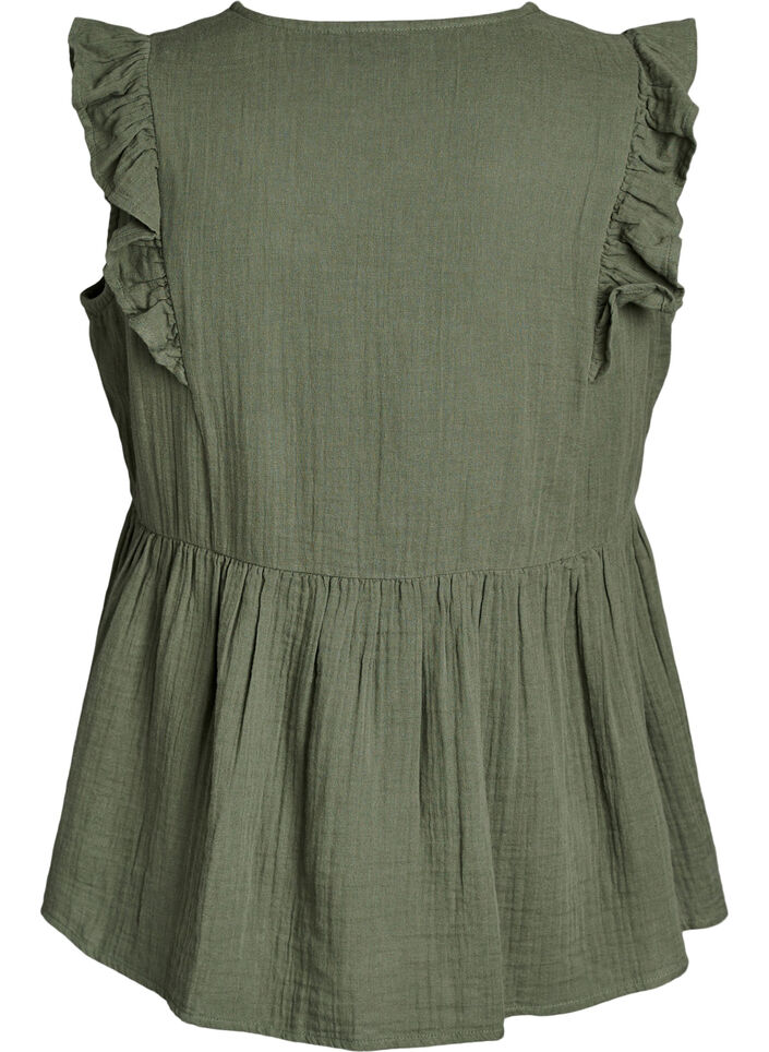 &Auml;rml&ouml;s blus i bomullsmuslin med volanger, Gr&ouml;n, Packshot image number 1