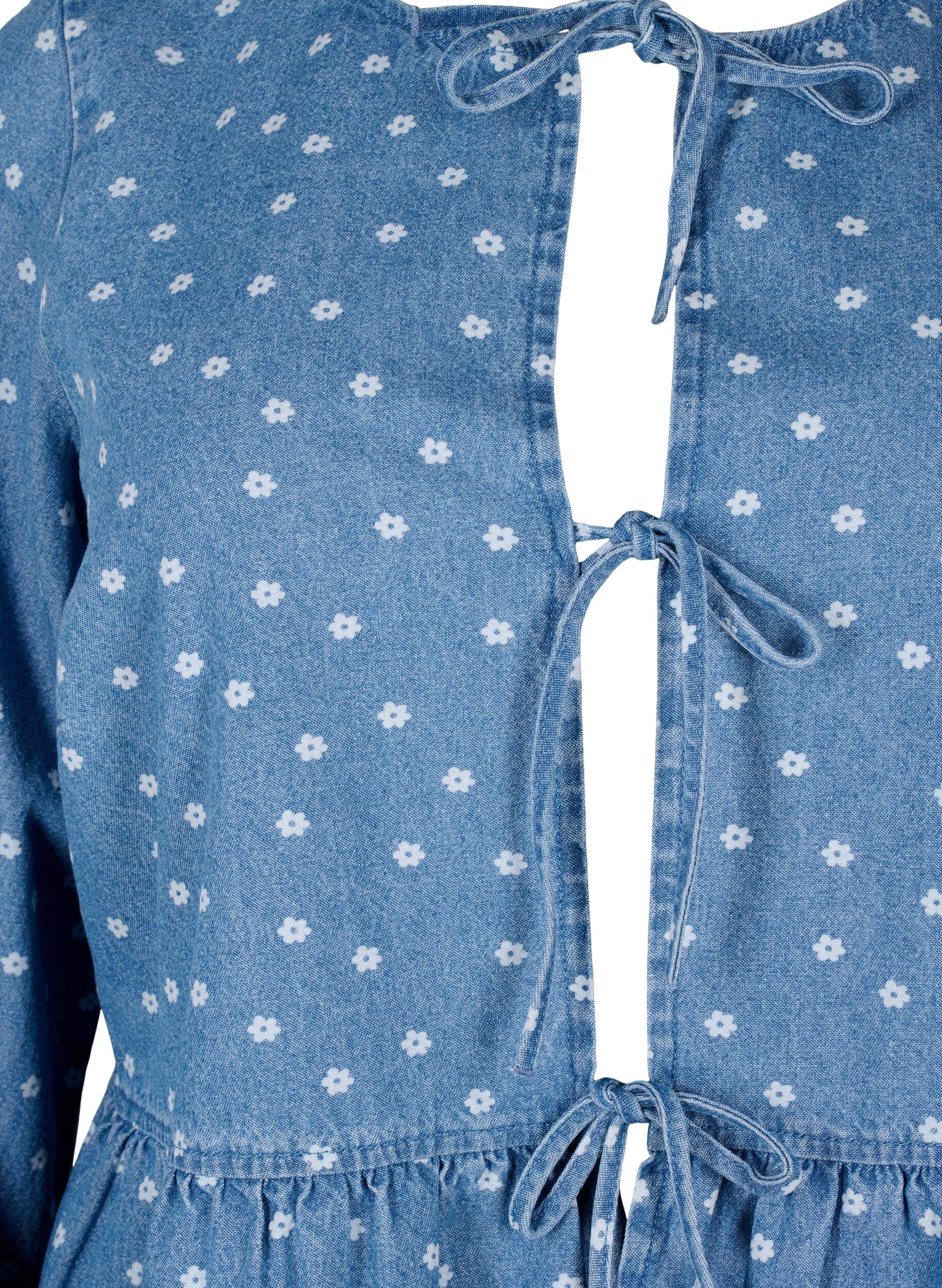 Zizzi Peplum denimblus med knytband, Light Blue w.Flowers, Packshot image number 2