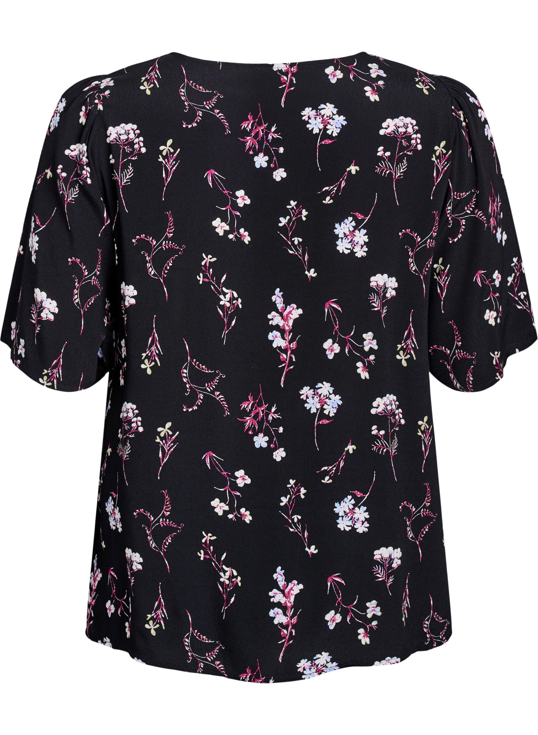 ZizziBlommig blus med korta &auml;rmar, Svart, Packshot image number 1