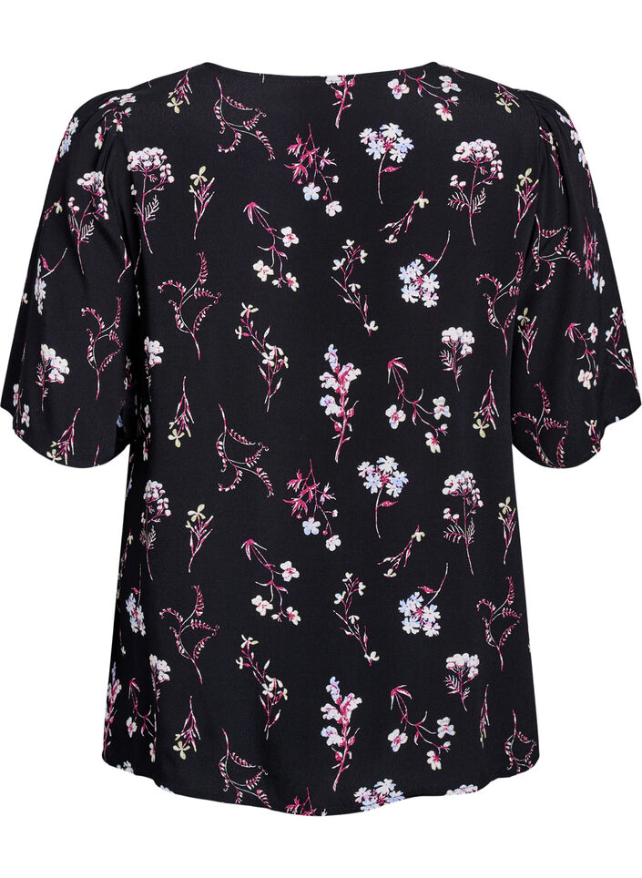 Blommig blus med korta &auml;rmar, Svart, Packshot image number 1