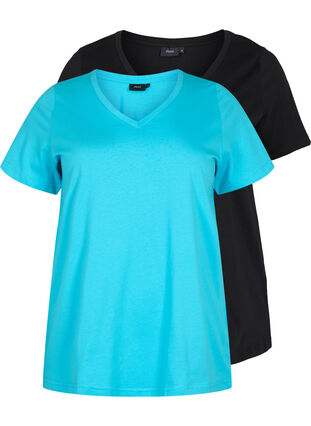 2-pack t-shirt i bomull, Blue Atoll / Black, Packshot image number 0