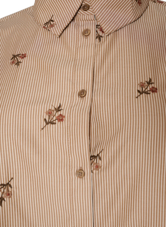 Randig skjorta med broderade blommor, Brun, Packshot