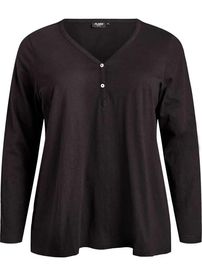 L&aring;ng&auml;rmad t-shirt med v-ringning och knappar, Svart, Packshot image number 0