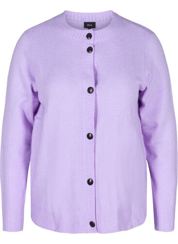 Kort stickad kofta med kontrastfärgade knappar, Purple Rose Mel., Packshot image number 0